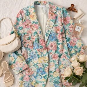 Casual Corner Floral Linen Blend Blazer Vintage Jacket M Cottagecore Spring